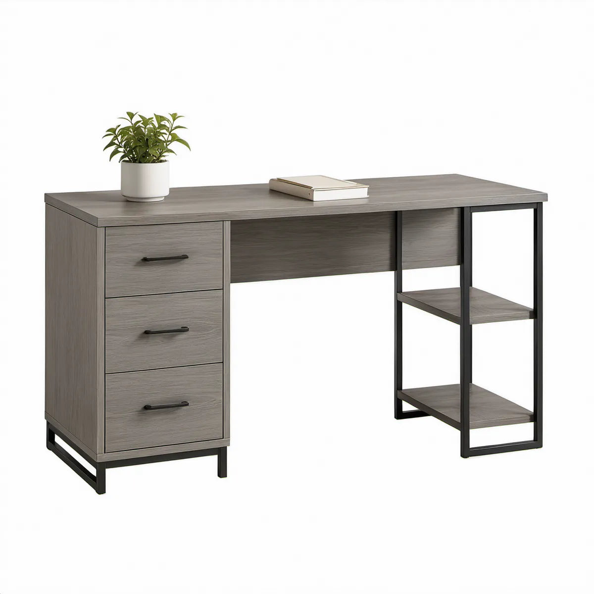 Computerschreibtisch 120 x 50 x 75 cm in Grau Holzoptik/Schwarz mit 3 Schubladen und 2 Ablagen