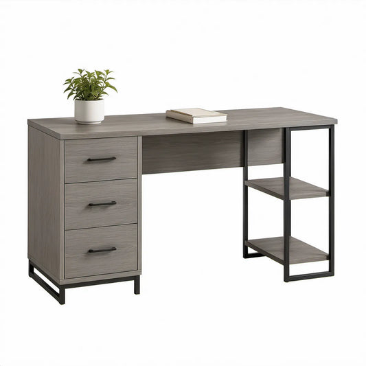 Computerschreibtisch 120 x 50 x 75 cm in Grau Holzoptik/Schwarz mit 3 Schubladen und 2 Ablagen