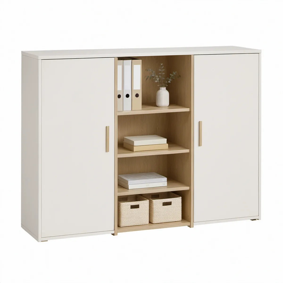 Büroschrank aus Spanplatte in Weiss und Eiche Natur, 120 x 40 x 100 cm