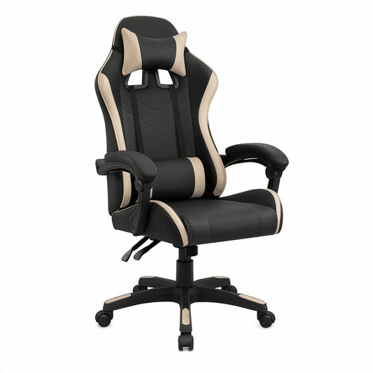 Höhenverstellbarer Gamingstuhl aus PU-Kunstleder, Schwarz/Beige, 66 × 66 × 118–128 cm