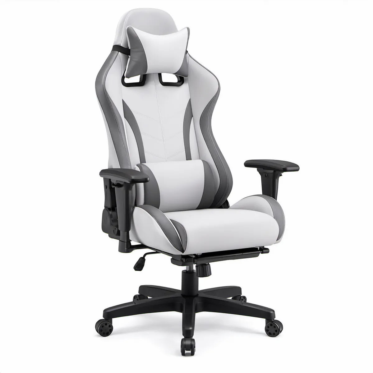 Gamingstuhl mit ausziehbarer Fussstütze und Kopfkissen, Weiss/Grau/Schwarz, 70 x 70 x 125–135 cm