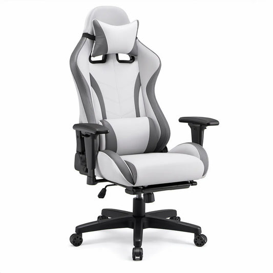Gamingstuhl mit ausziehbarer Fussstütze und Kopfkissen, Weiss/Grau/Schwarz, 70 x 70 x 125–135 cm