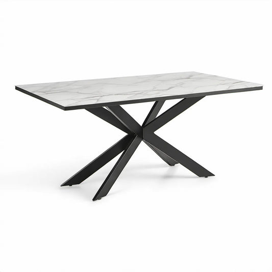 Rechteckiger Esstisch 180 x 90 x 75 cm mit Keramikplatte in weisser Marmoroptik und schwarzem Stahl-Kreuzgestell
