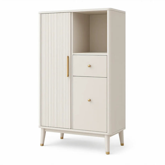 Kleiderschrank mit 1 Drehtür, 2 Schubladen und offenem Fach, 80 x 45 x 160 cm, Cremeweiss/Gold