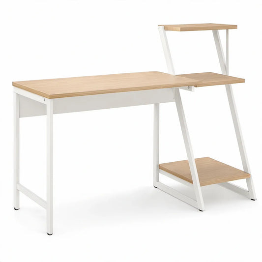 Schreibtisch mit Regalaufsatz, 120 x 60 x 120 cm, Bambus und Stahl, Natur/Weiss