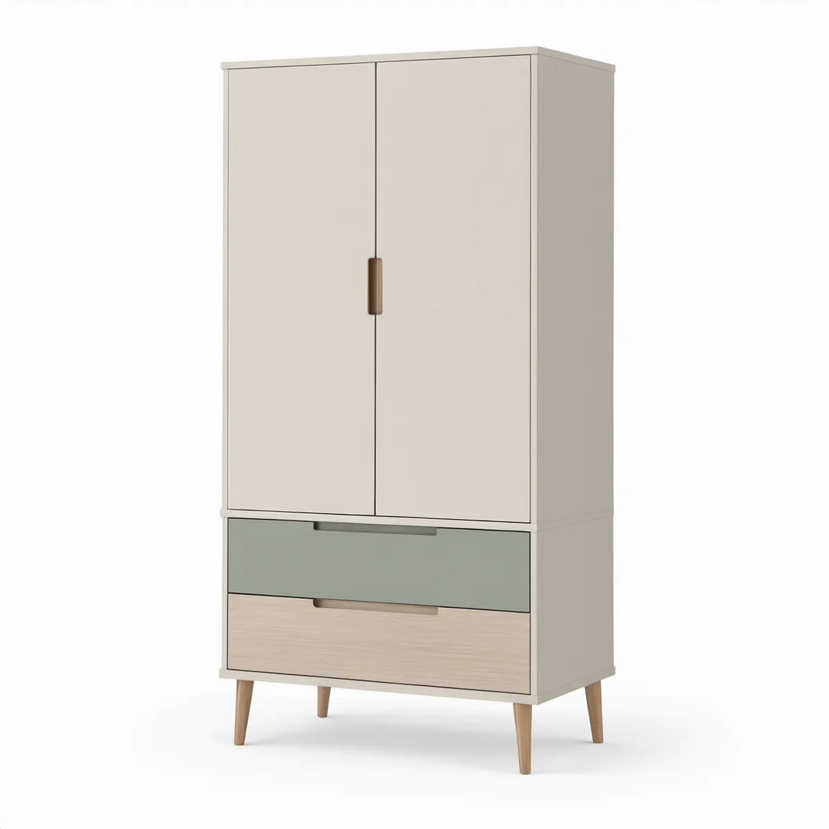 Kleiderschrank mit 2 Türen und 2 Schubladen, 90 x 55 x 190 cm, Creme, Salbeigrün und Eiche hell