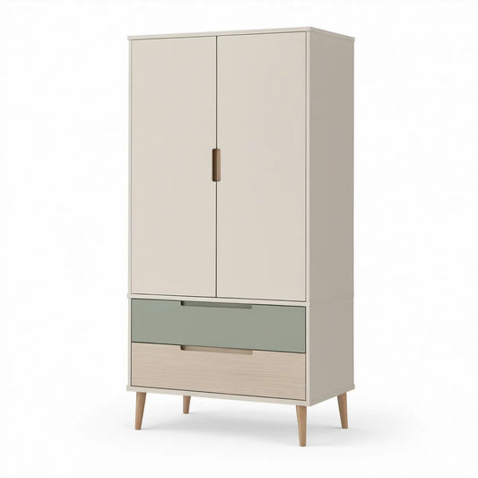 Kleiderschrank mit 2 Türen und 2 Schubladen, 90 x 55 x 190 cm, Creme, Salbeigrün und Eiche hell
