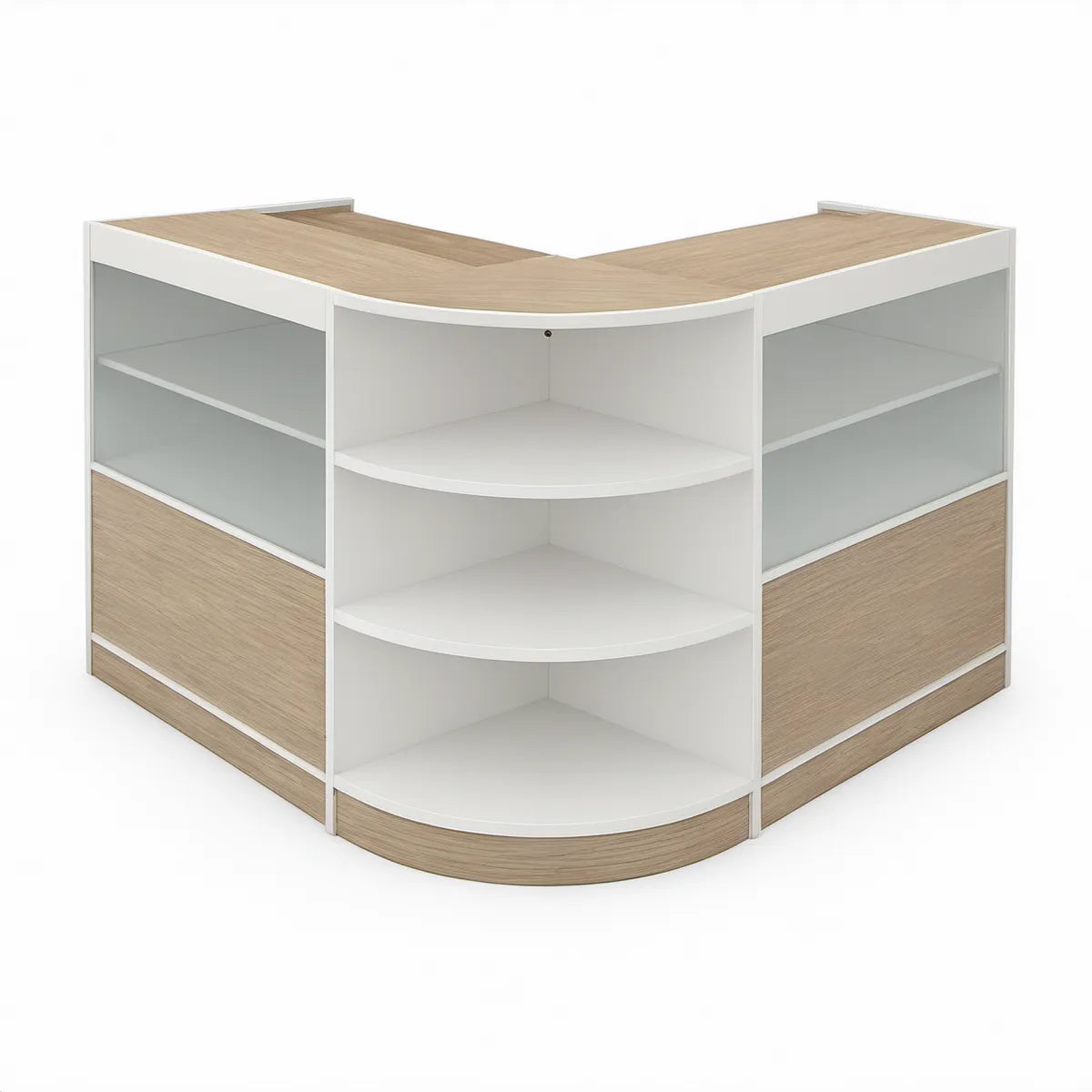 L-förmiger Empfangstresen 180 x 180 x 110 cm aus melaminbeschichteter Spanplatte in Weiss und heller Eiche