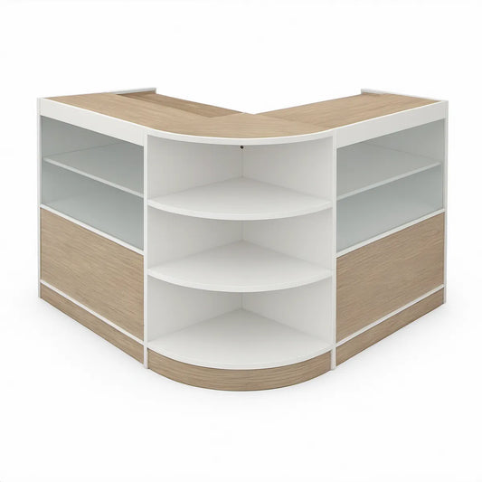 L-förmiger Empfangstresen 180 x 180 x 110 cm aus melaminbeschichteter Spanplatte in Weiss und heller Eiche