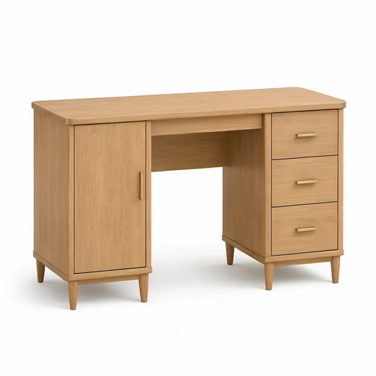 Schreibtisch mit 3 Schubladen und Tür, 120 x 55 x 75 cm, MDF mit Eichenfurnier, Natur