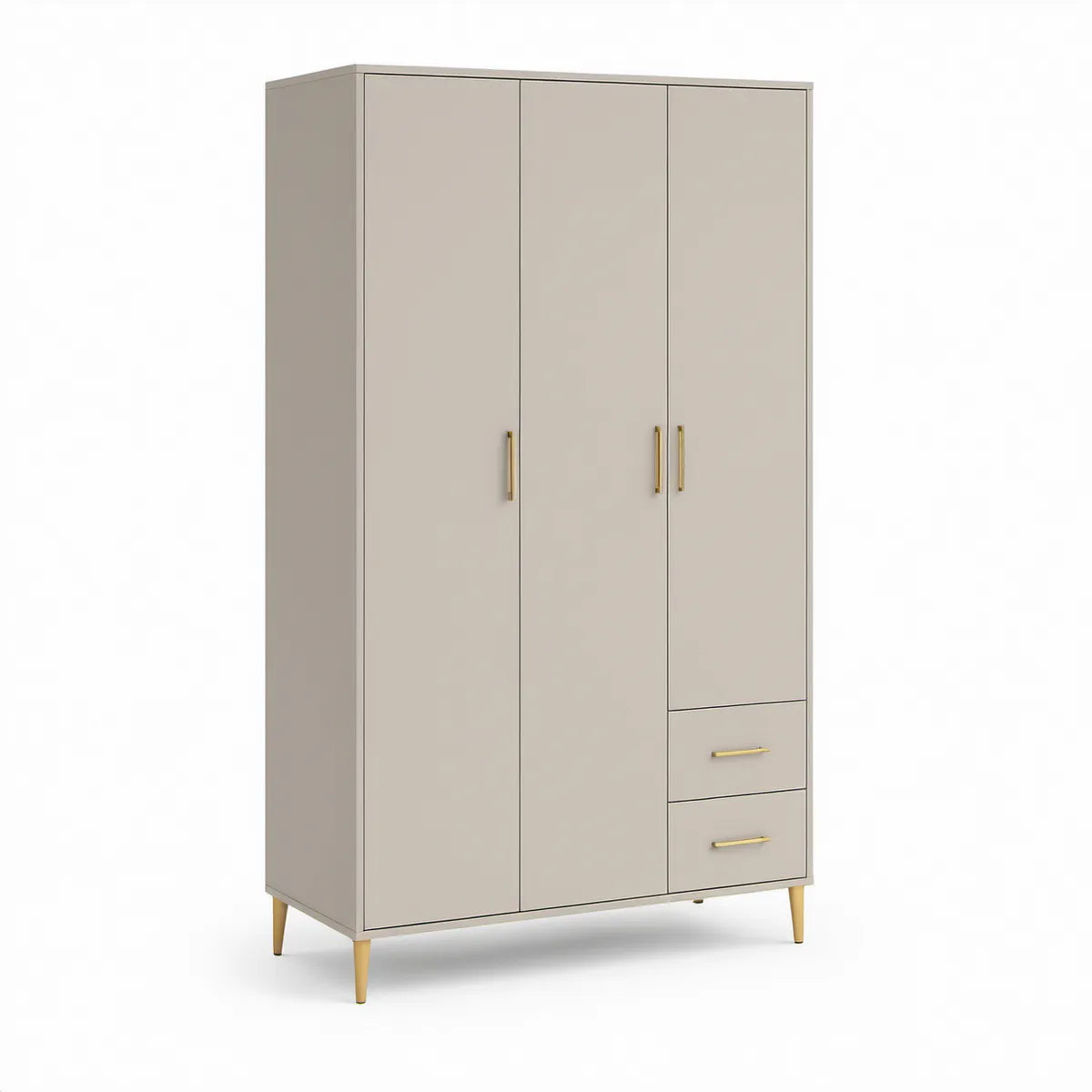 3-türiger Kleiderschrank mit 2 Schubladen, Beige/Gold, 120 x 55 x 200 cm