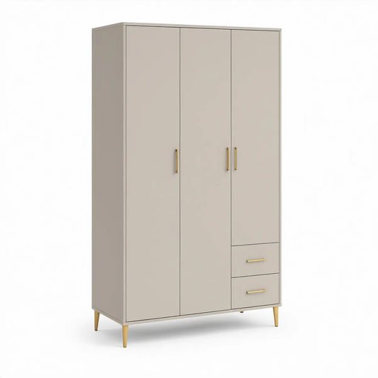 3-türiger Kleiderschrank mit 2 Schubladen, Beige/Gold, 120 x 55 x 200 cm