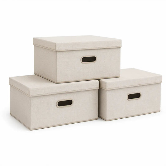 3-teiliges Set faltbare Aufbewahrungsboxen mit Deckel, Beige, 50 x 40 x 30 cm und 40 x 30 x 25 cm