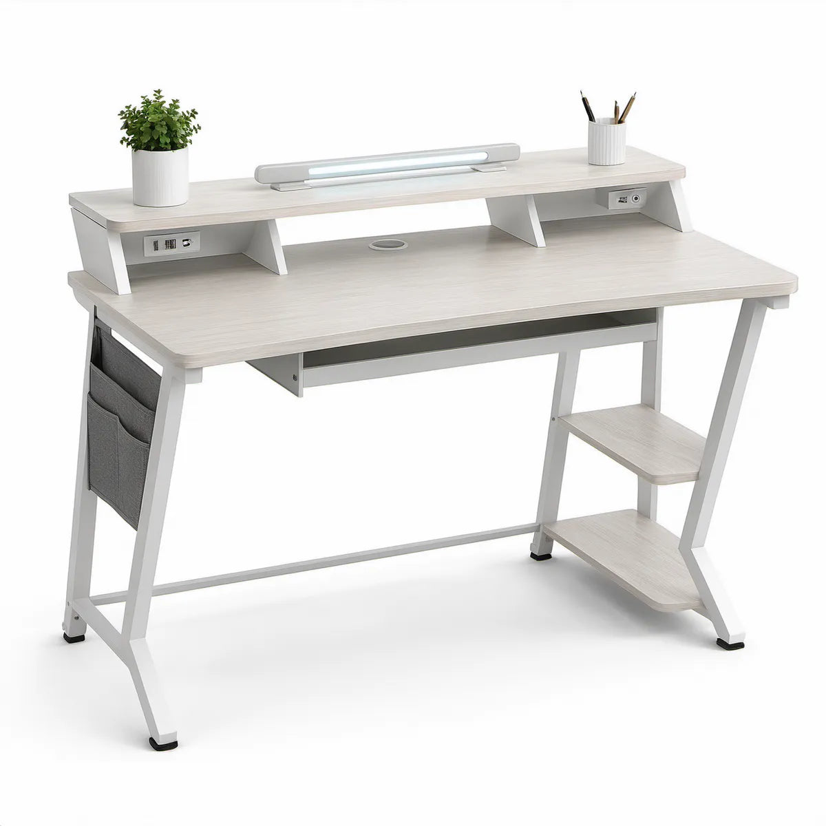 Computerschreibtisch 120 x 60 x 88 cm in Hellgrau/Weiss mit Regal, USB-Anschlüssen und Kabelmanagement