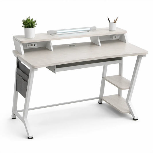 Computerschreibtisch 120 x 60 x 88 cm in Hellgrau/Weiss mit Regal, USB-Anschlüssen und Kabelmanagement