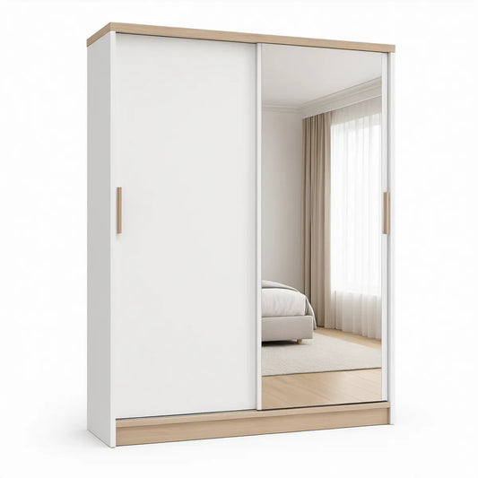 Schiebetürenschrank mit Spiegel, 120 x 60 x 200 cm, Weiss/Eiche Natur