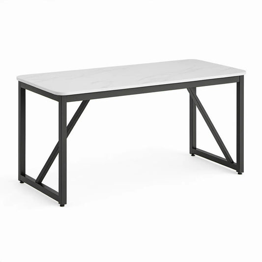 Rechteckiger Tisch 120 x 60 x 75 cm MDF in weisser Marmoroptik mit schwarzem Stahlgestell