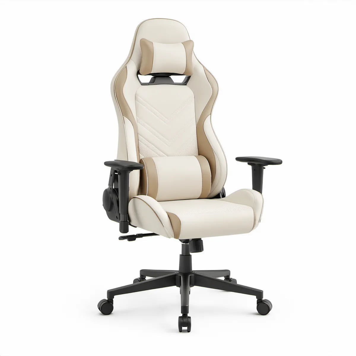 Gamingstuhl aus PU-Kunstleder in Cremeweiss, Beige und Schwarz, 70 x 70 x 124–134 cm