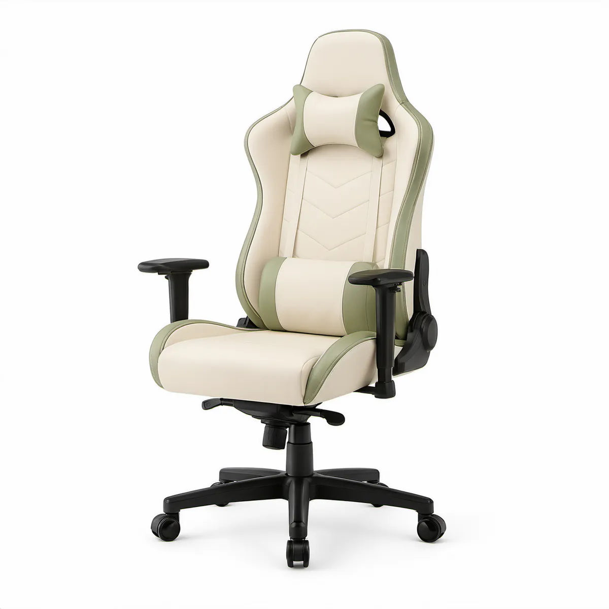 Gamingstuhl aus PU-Kunstleder in Creme/Olivgrün/Schwarz, 70 x 70 x 125–135 cm